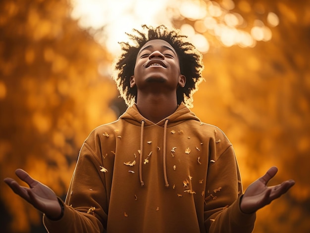 African man in emotional dynamic pose on autumn background