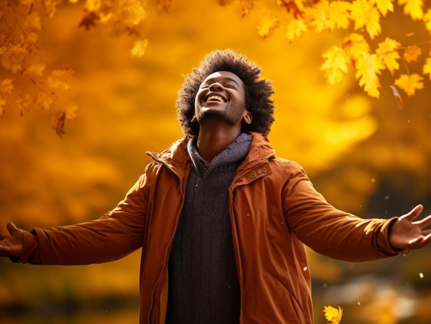 African man in emotional dynamic pose on autumn background