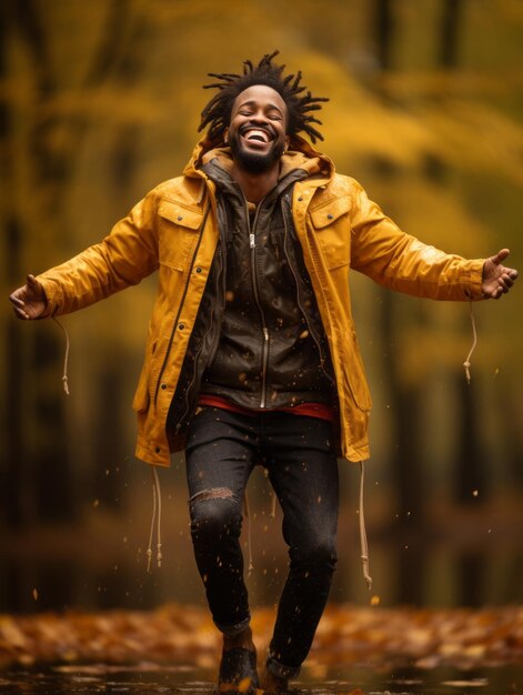 African man in emotional dynamic pose on autumn background