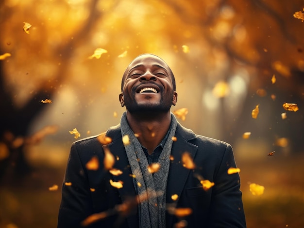 African man in emotional dynamic pose on autumn background