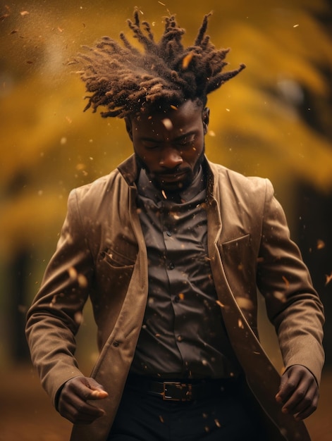 African man in emotional dynamic pose on autumn background