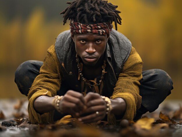 African man in emotional dynamic pose on autumn background