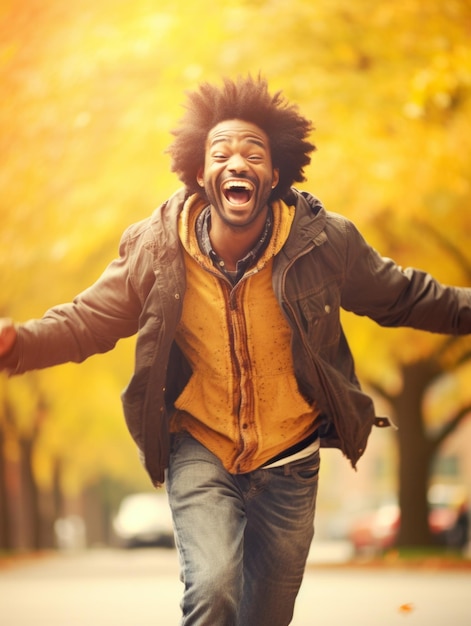 African man in emotional dynamic pose on autumn background