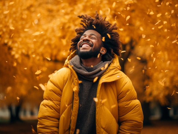 African man in emotional dynamic pose on autumn background