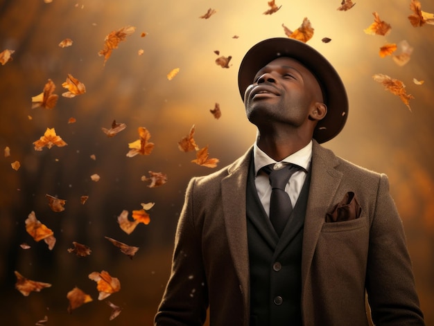 African man in emotional dynamic pose on autumn background