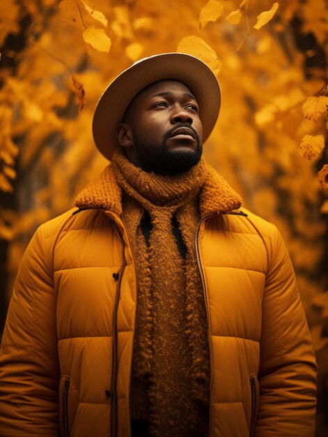 African man in emotional dynamic pose on autumn background