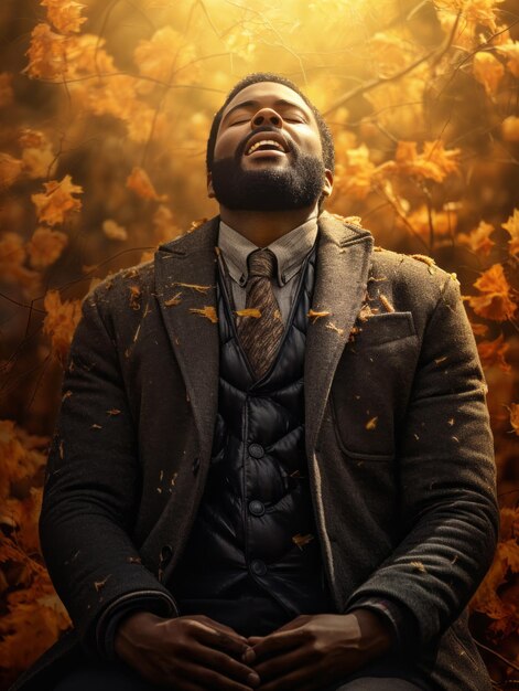 African man in emotional dynamic pose on autumn background