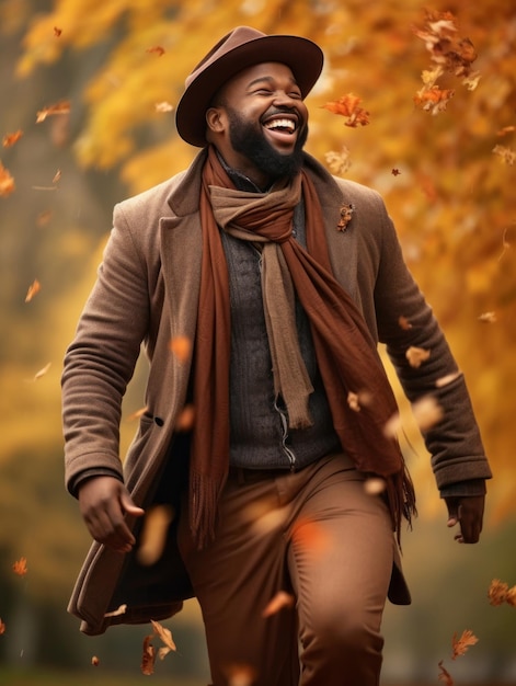 African man in emotional dynamic pose on autumn background