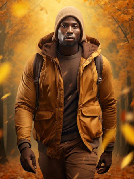 African man in emotional dynamic pose on autumn background