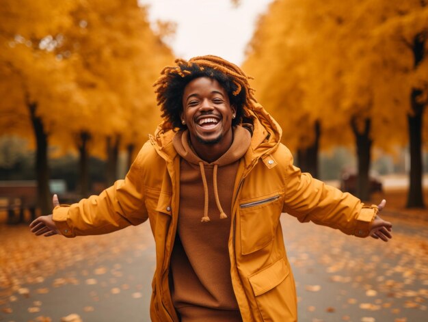 African man in emotional dynamic pose on autumn background