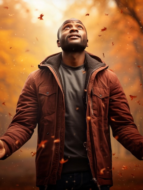 African man in emotional dynamic pose on autumn background