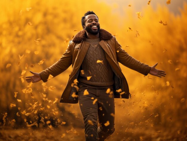 African man in emotional dynamic pose on autumn background