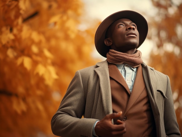 African man in emotional dynamic pose on autumn background