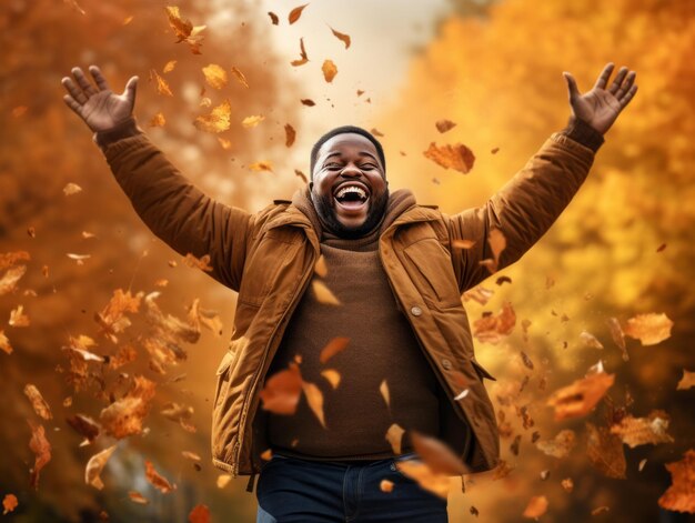 African man in emotional dynamic pose on autumn background