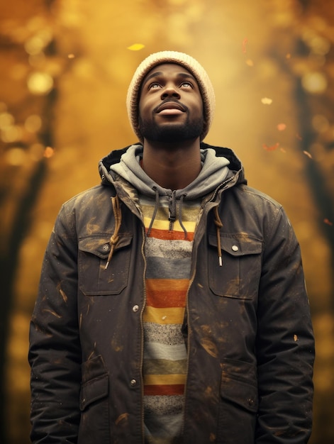 African man in emotional dynamic pose on autumn background