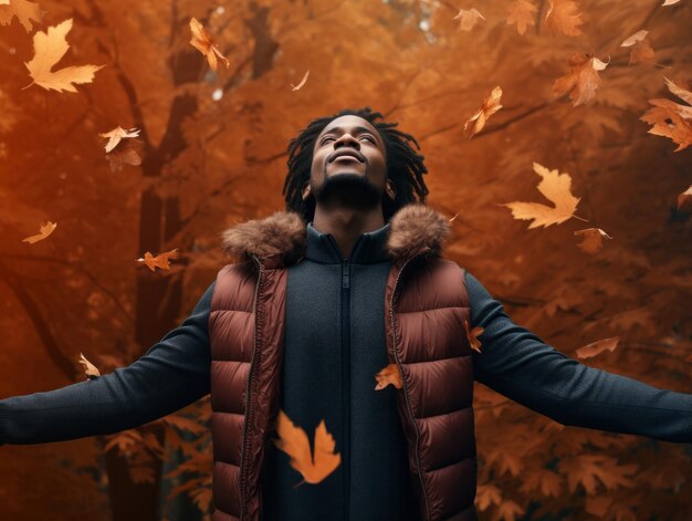 African man in emotional dynamic pose on autumn background