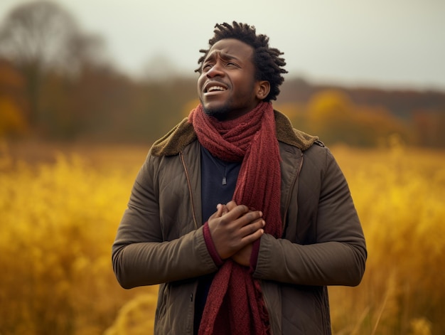 African man in emotional dynamic pose on autumn background