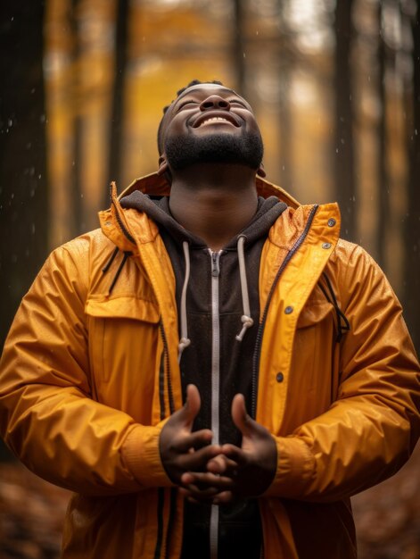 African man in emotional dynamic pose on autumn background