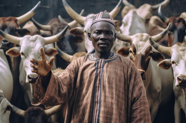 数頭の牛の前にいるアフリカ人男性