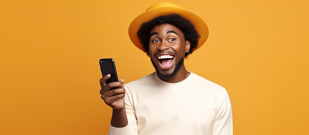 African man holding and pointing to a blank smartphone screen for advertisement