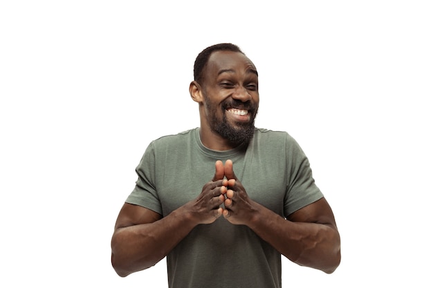 African man isolated on white, meme emotions, funny