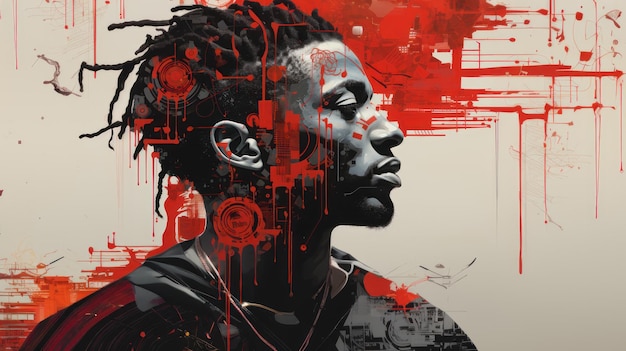 African man portrait with digital red splashes Black history month concept