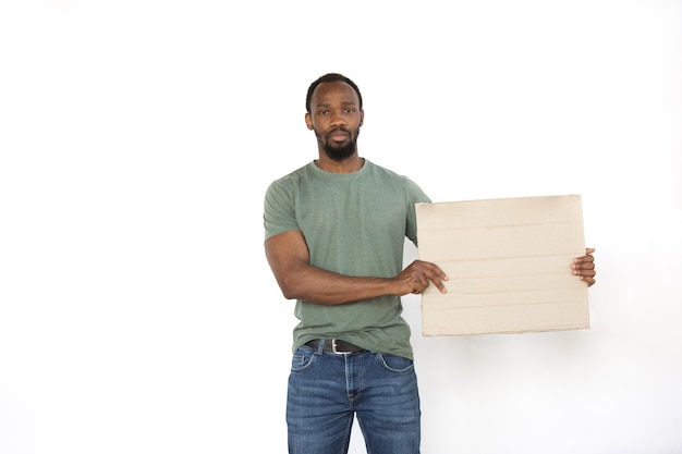 African man protesting with blank board, sign isolated on white.