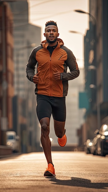 都市で走っているアフリカ人男性ランナー