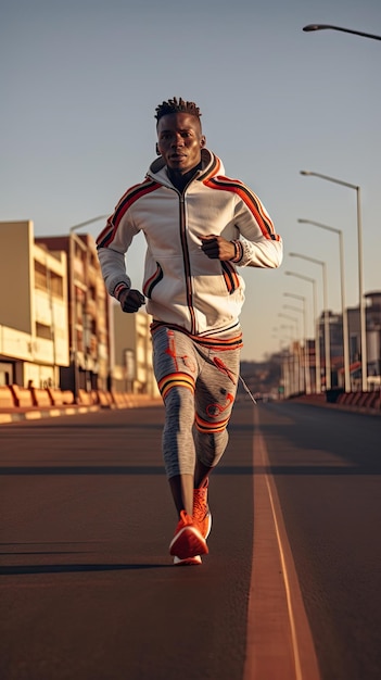 都市で走っているアフリカ人男性ランナー