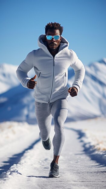 写真 雪の上で走っているアフリカ人男性ランナー