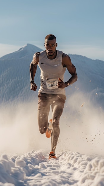 눈 위에서 달리는 아프리카 남자 남자 달리기 선수