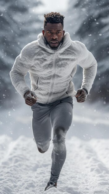 Foto uomo africano che corre sulla neve corridore maschio