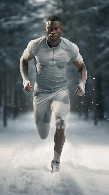 African man running on the snow male runner