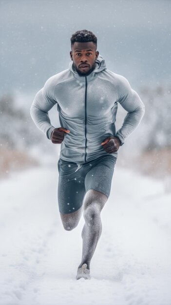 African man running on the snow male runner