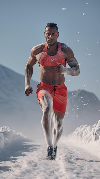 African man running on the snow male runner