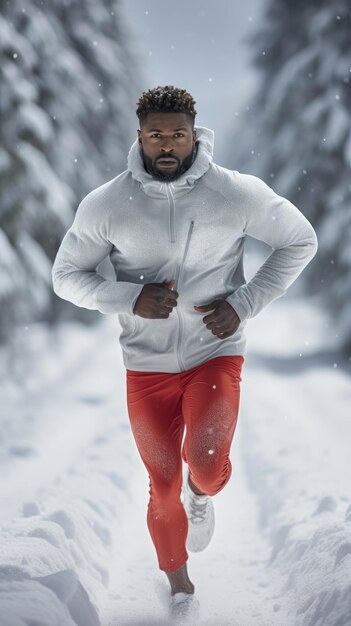 African man running on the snow male runner