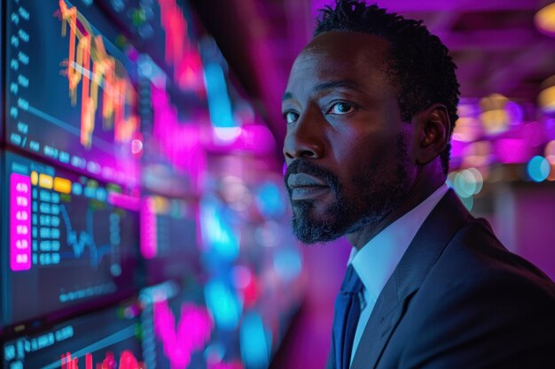 African man trader in suit on the background of huge monitors with charts