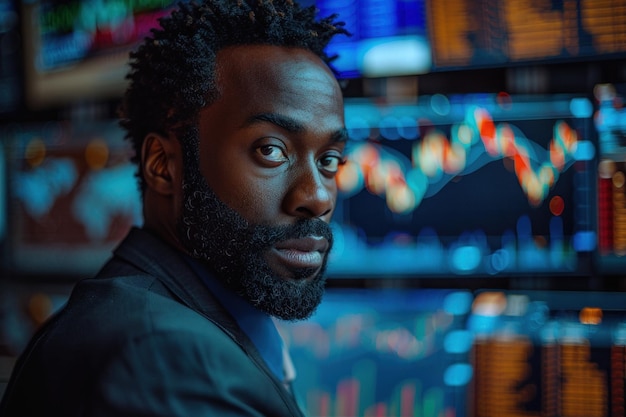 African man trader in suit on the background of huge monitors with charts