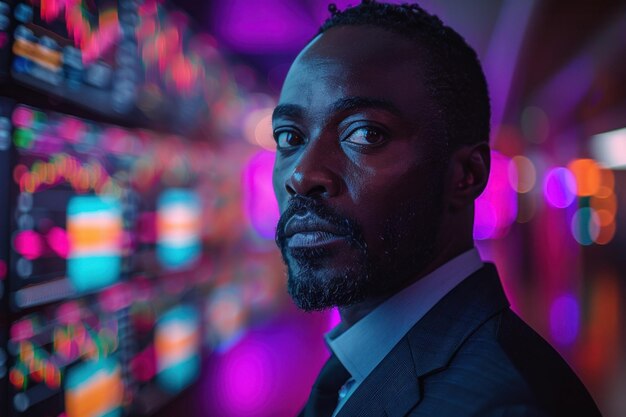 African man trader in suit on the background of huge monitors with charts