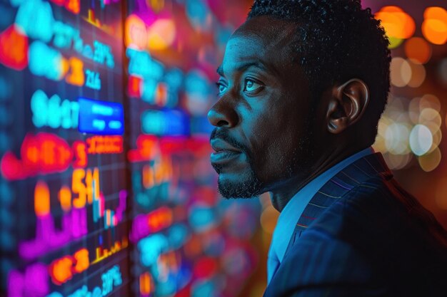 African man trader in suit on the background of huge monitors with charts