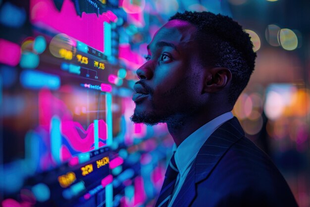 African man trader in suit on the background of huge monitors with charts