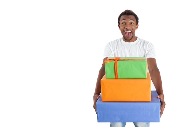 African man in Tshirt with gifts