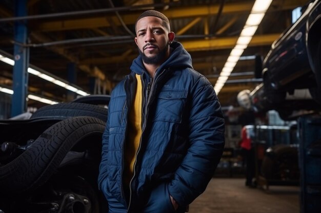 An African man in a warm jacket in a car maintenance workshop