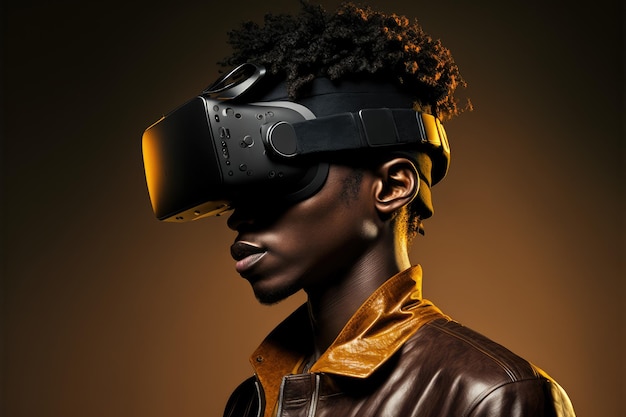 African man wearing virtual reality goggles standing studio clean background