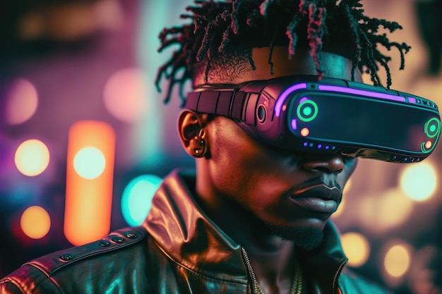 African man wearing virtual reality goggles standing in virtual world background