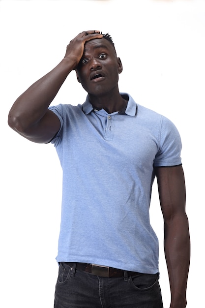 African man with expression of forgetfulness or surprise on white background