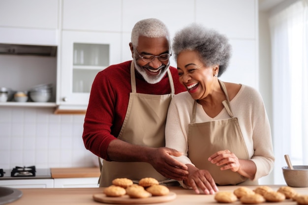 Foto una coppia matura di mezza età sposata africana che fa il forno in cucina.