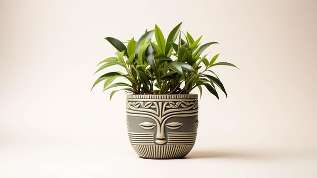 Photo african mask plant on a pot on white background