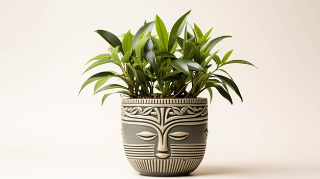 Photo african mask plant on a pot on white background