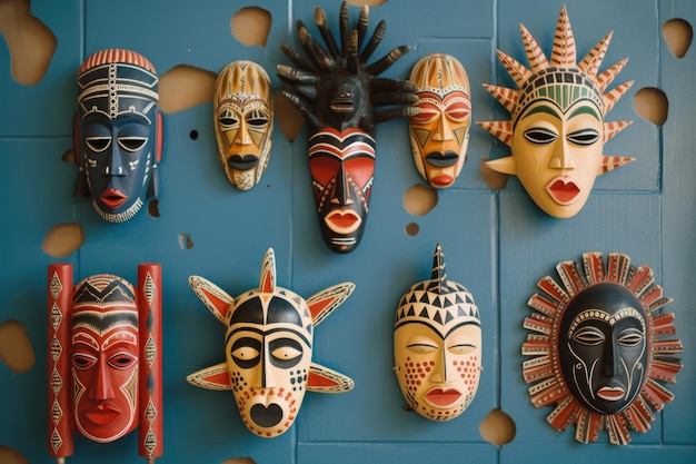 African masks of varying designs on a wall